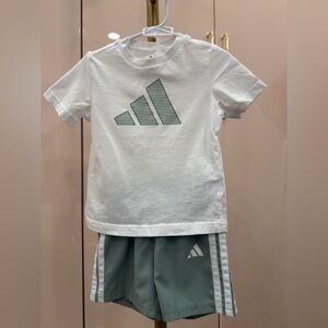 Adidas Kids White Tee with Green Striped Logo